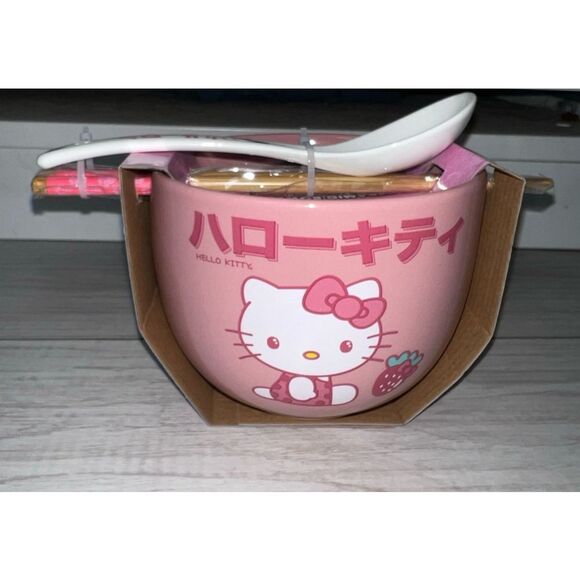 Hello Kitty By Sanrio Ceramic Noodles Bowl with Chopsticks & Spoon 20oz BrandNew - Picture 5 of 8